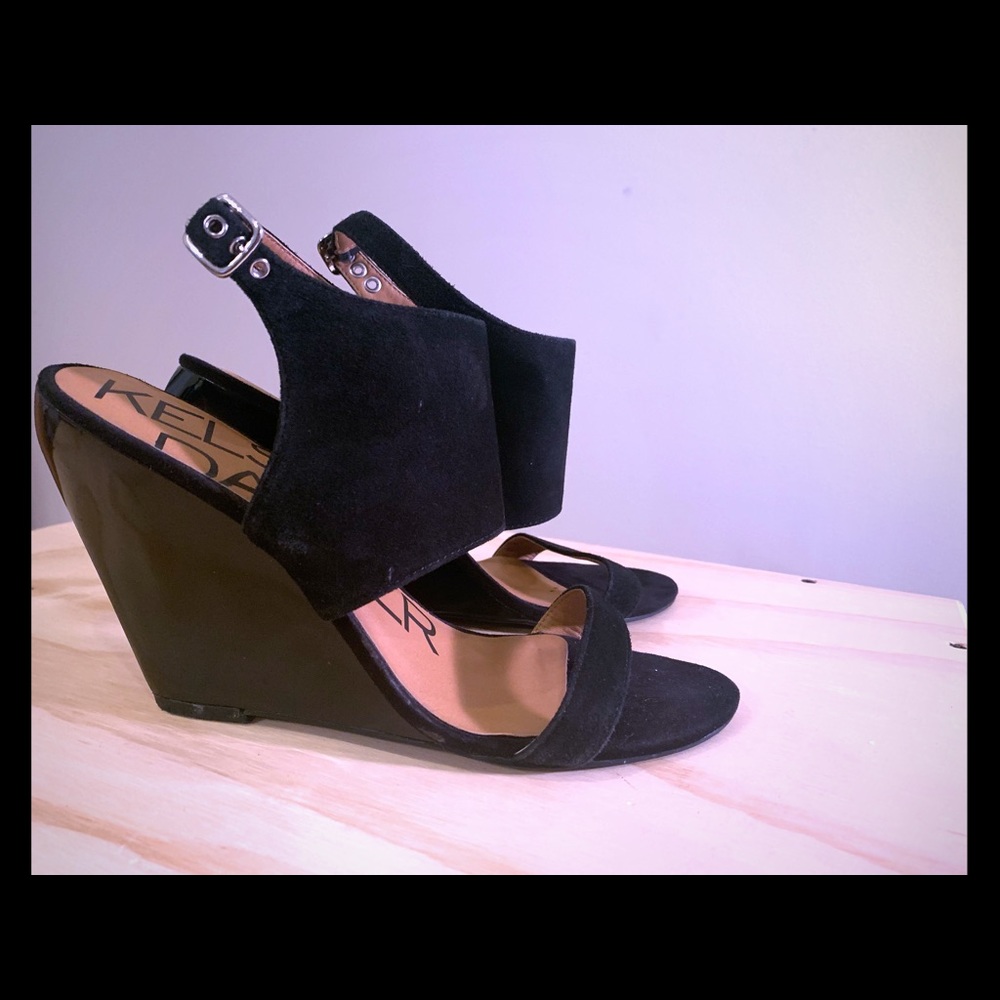 Black suede Kelsi Dagger wedge heels. Almost new.